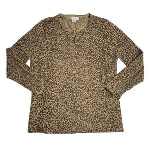 Garnet Hill Animal Print Button Up Cardigan Sweater Merino Wool Brown Tan Small